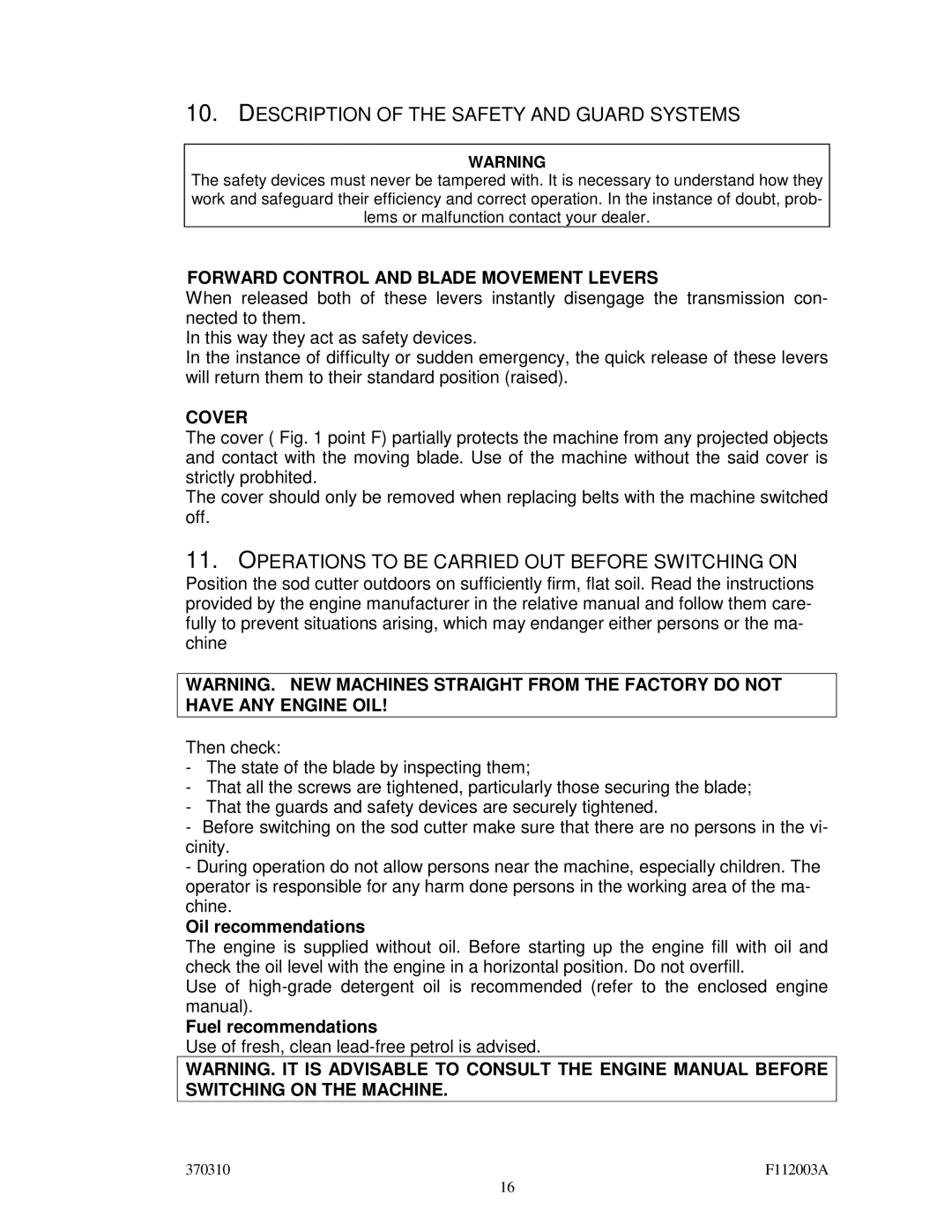 Billy Goat SC120H Description of the Safety and Guard Systems, Operations to be Carried OUT Before Switching on 