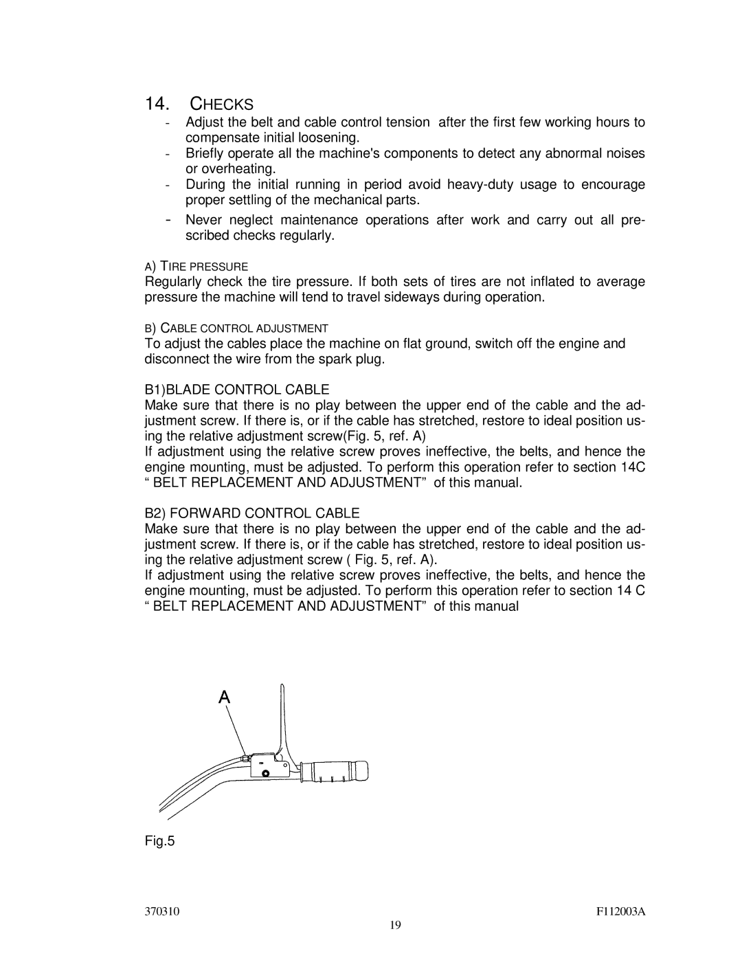 Billy Goat SC120H specifications Checks, B1BLADE Control Cable 