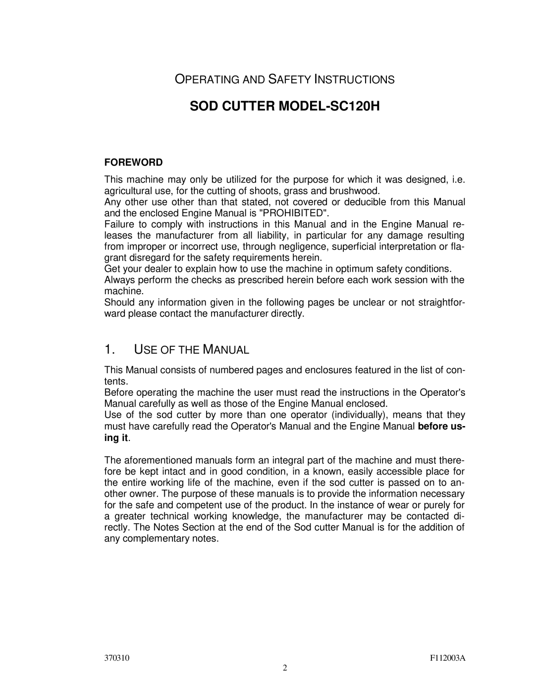 Billy Goat SC120H specifications Operating and Safety Instructions, USE of the Manual 