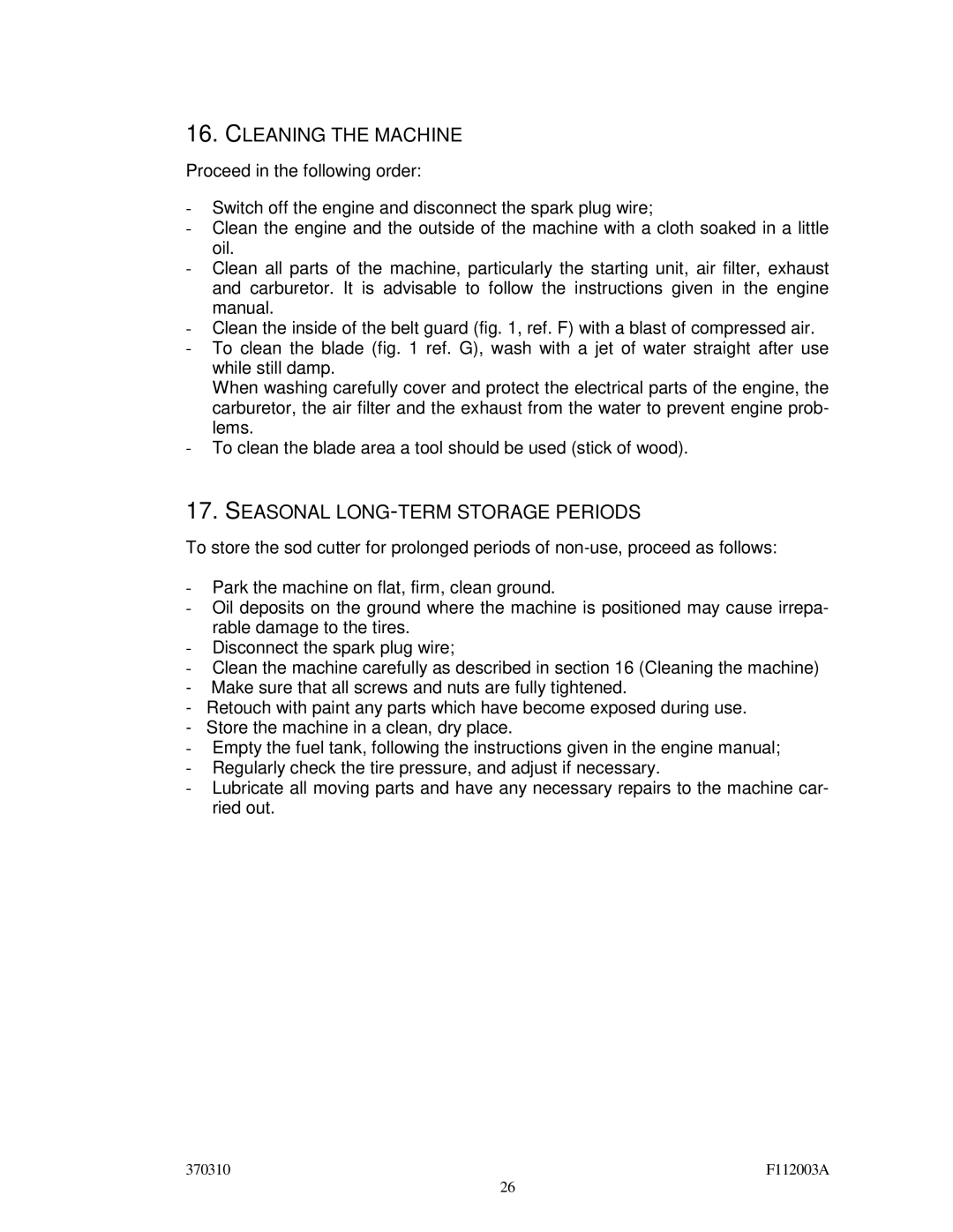 Billy Goat SC120H specifications Cleaning the Machine, Seasonal LONG-TERM Storage Periods 