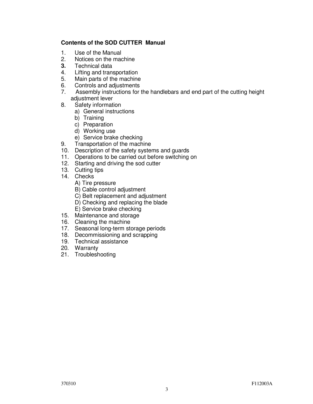 Billy Goat SC120H specifications Contents of the SOD Cutter Manual 