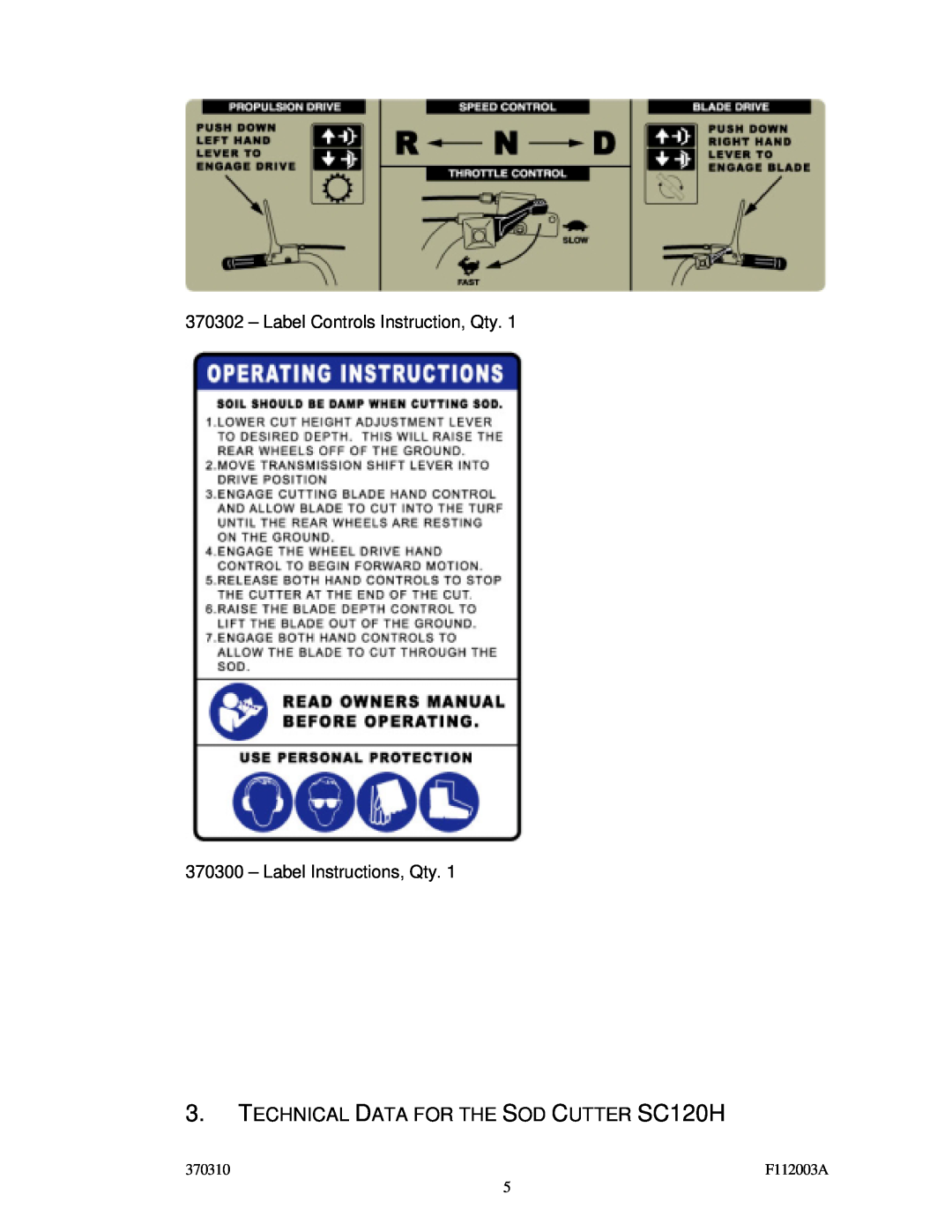 Billy Goat TECHNICAL DATA FOR THE SOD CUTTER SC120H, 370302 – Label Controls Instruction, Qty, 370310, F112003A 
