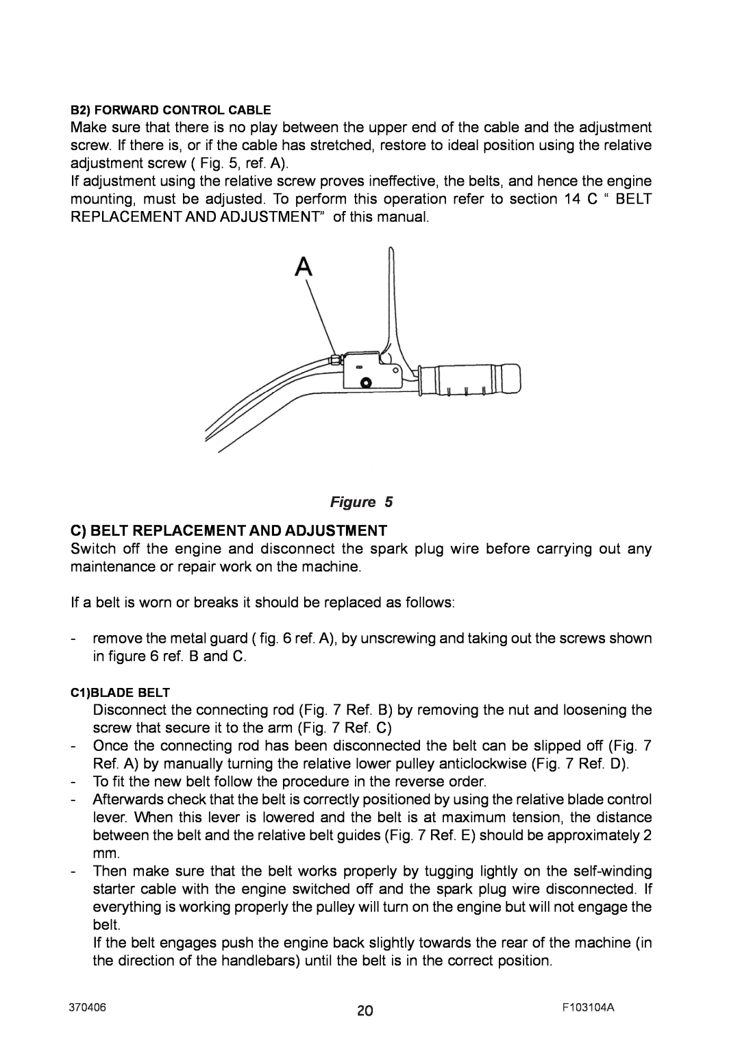 Billy Goat SC121H manual C Belt Replacement And Adjustment, B2 FORWARD CONTROL CABLE, C1BLADE BELT 