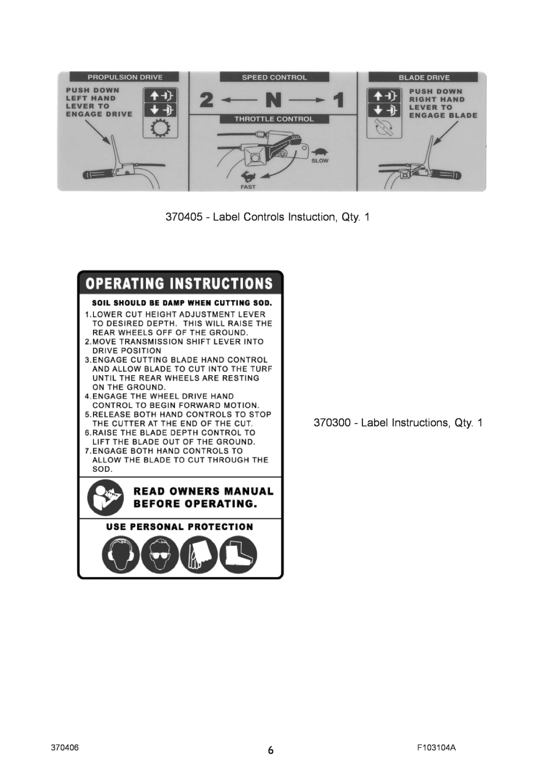 Billy Goat SC121H manual Label Controls Instuction, Qty, Label Instructions, Qty, 370406, F103104A 