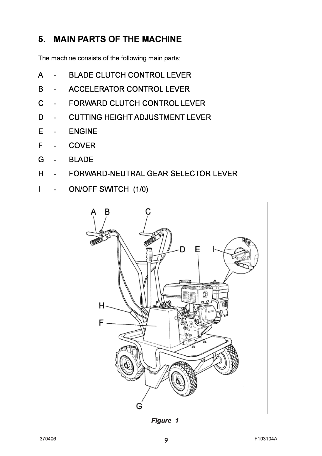 Billy Goat SC121H Main Parts Of The Machine, A- Blade Clutch Control Lever, B- Accelerator Control Lever, F103104A, 370406 