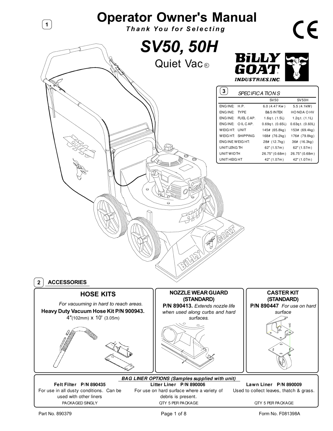 Billy Goat SV50H owner manual Quiet Vac R, Hose Kits, Accessories, Nozzle Wear Guard Caster KIT, Standard 