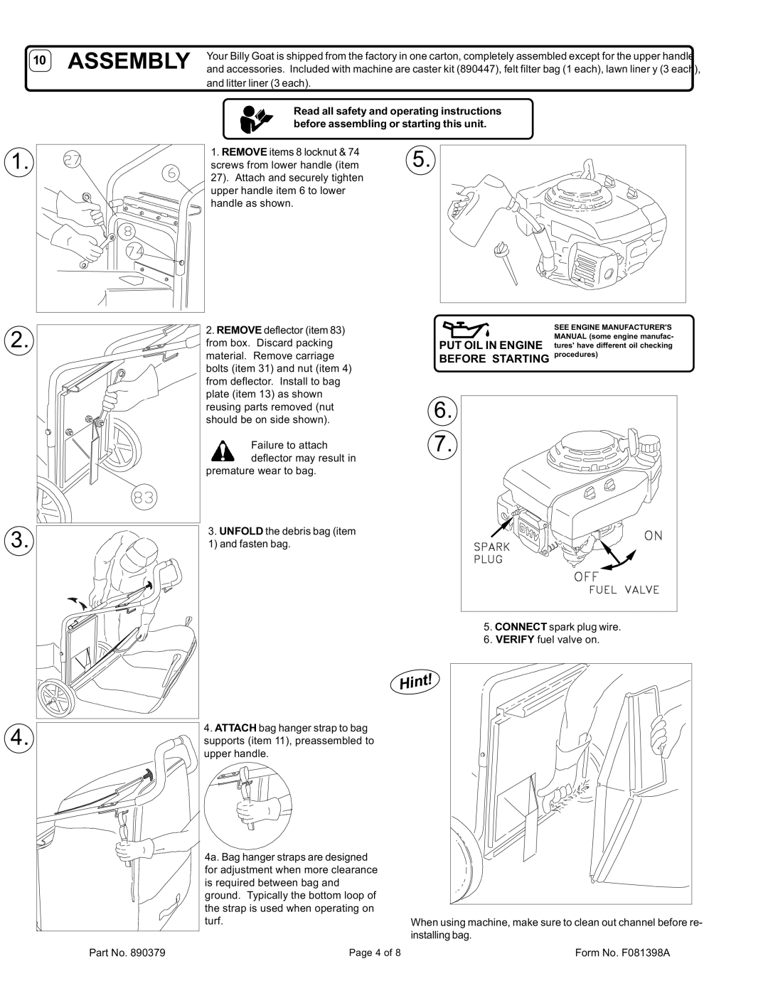 Billy Goat SV50H owner manual Assembly, Before Starting procedures 