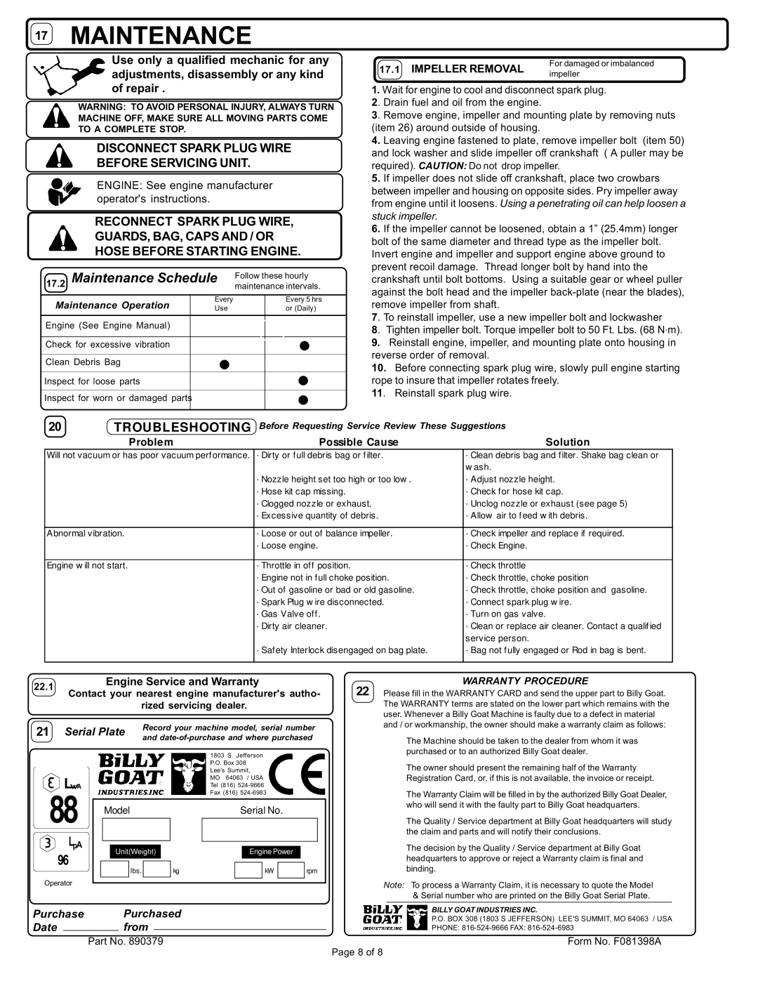 Billy Goat SV50H owner manual Maintenance Schedule, Disconnect Spark Plug Wire Before Servicing Unit, Impeller Removal 