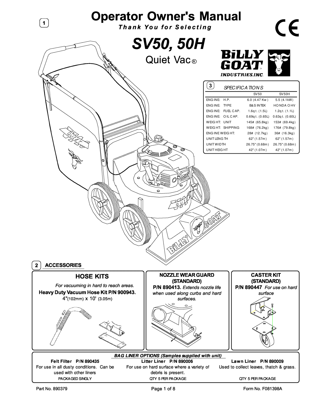 Billy Goat SV50H owner manual Quiet Vac R, T h a n k Yo u f o r S e l e c t i n g, Hose Kits, 2ACCESSORIES, Caster Kit 