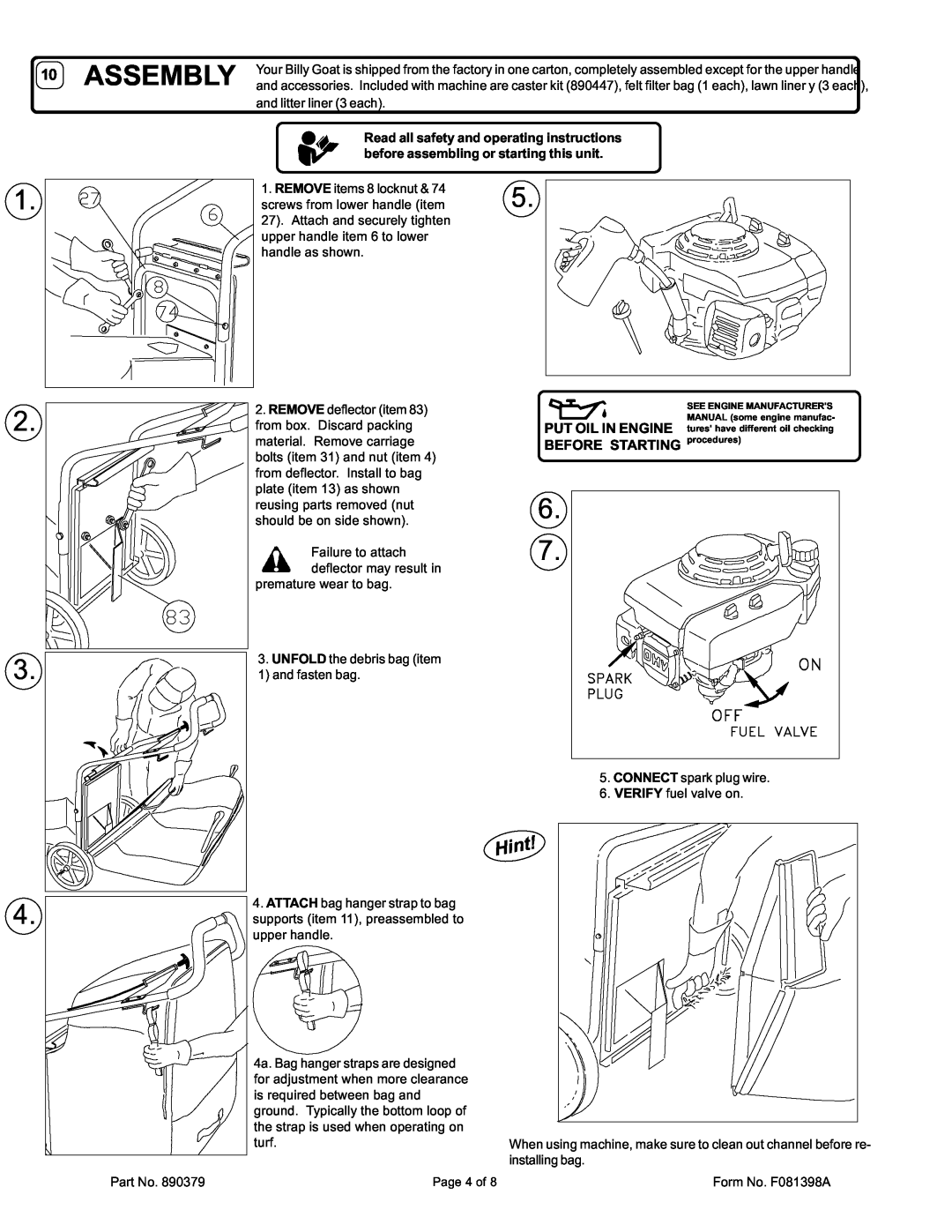 Billy Goat SV50H owner manual Assembly, BEFORE STARTING procedures 