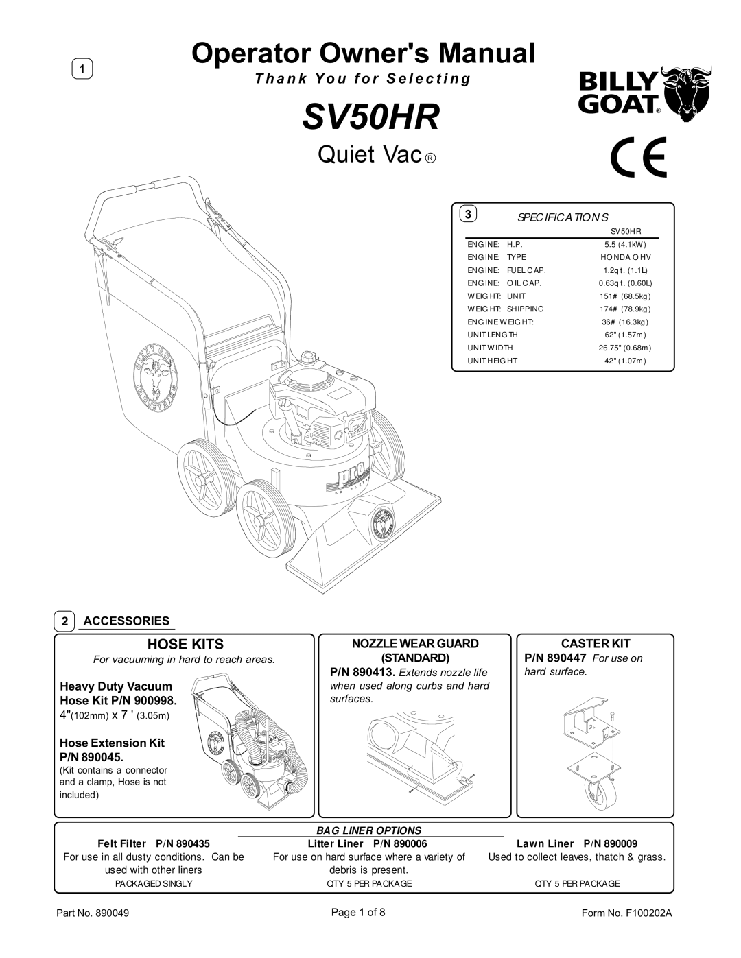 Billy Goat SV50HR owner manual Quiet Vac R, Hose Kits, Accessories, Caster KIT 