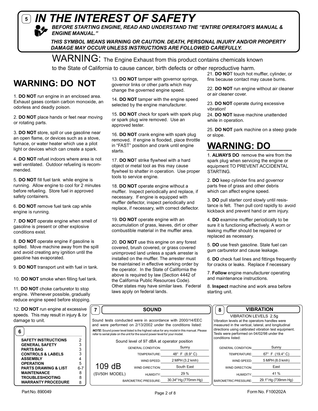 Billy Goat SV50HR owner manual 7SOUND, Do not place hands or feet near moving or rotating parts, Vibration Levels 2.5g 