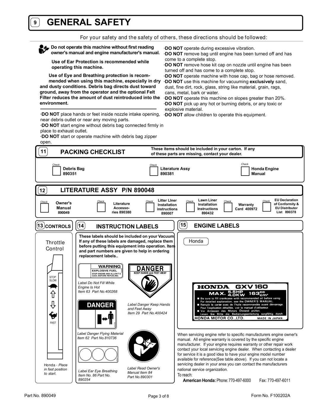 Billy Goat SV50HR owner manual General Safety, Packing Checklist, Literature Assy P/N, Instruction Labels, Engine Labels 