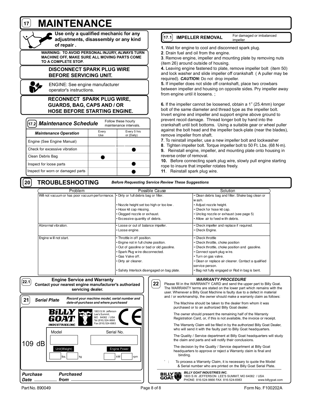 Billy Goat SV50HR owner manual Troubleshooting, Maintenance Schedule, Disconnect Spark Plug Wire Before Servicing Unit 