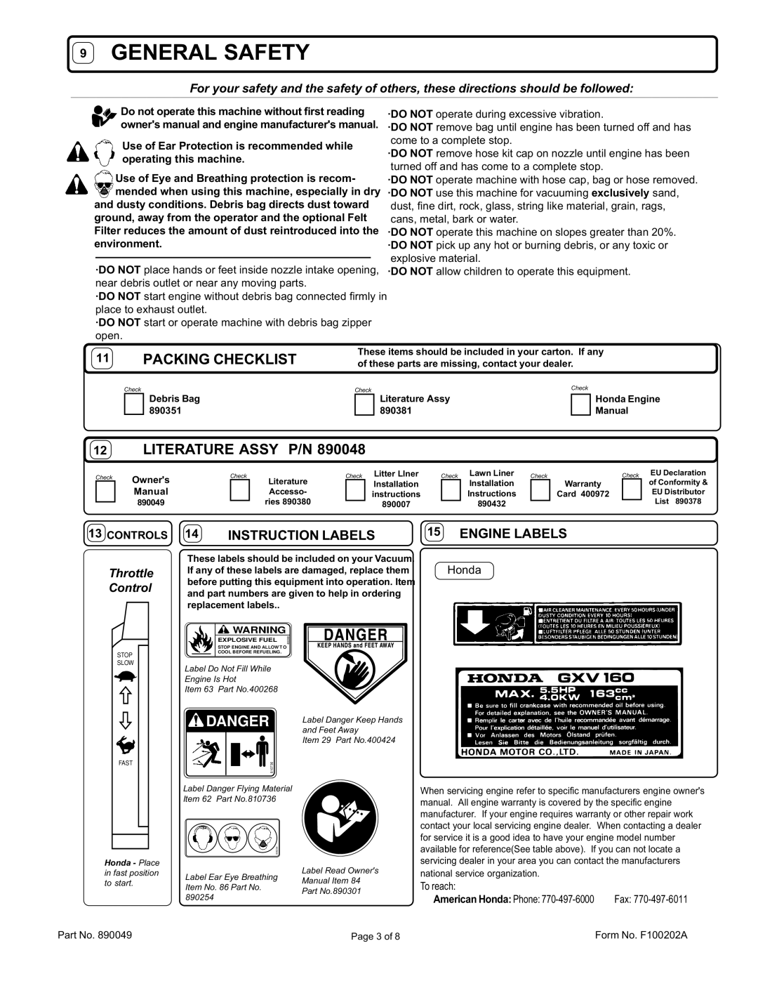 Billy Goat SV50HR owner manual Packing Checklist, Literature Assy P/N, To reach American Honda Phone 770-497-6000 Fax 