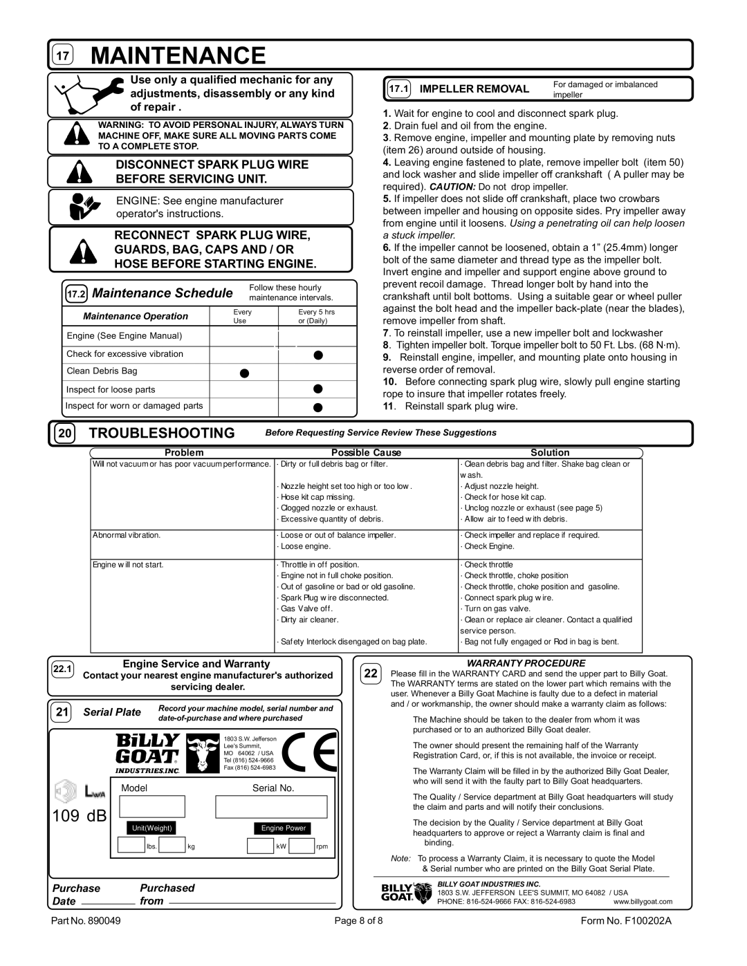 Billy Goat SV50HR owner manual Troubleshooting, Disconnect Spark Plug Wire Before Servicing Unit 