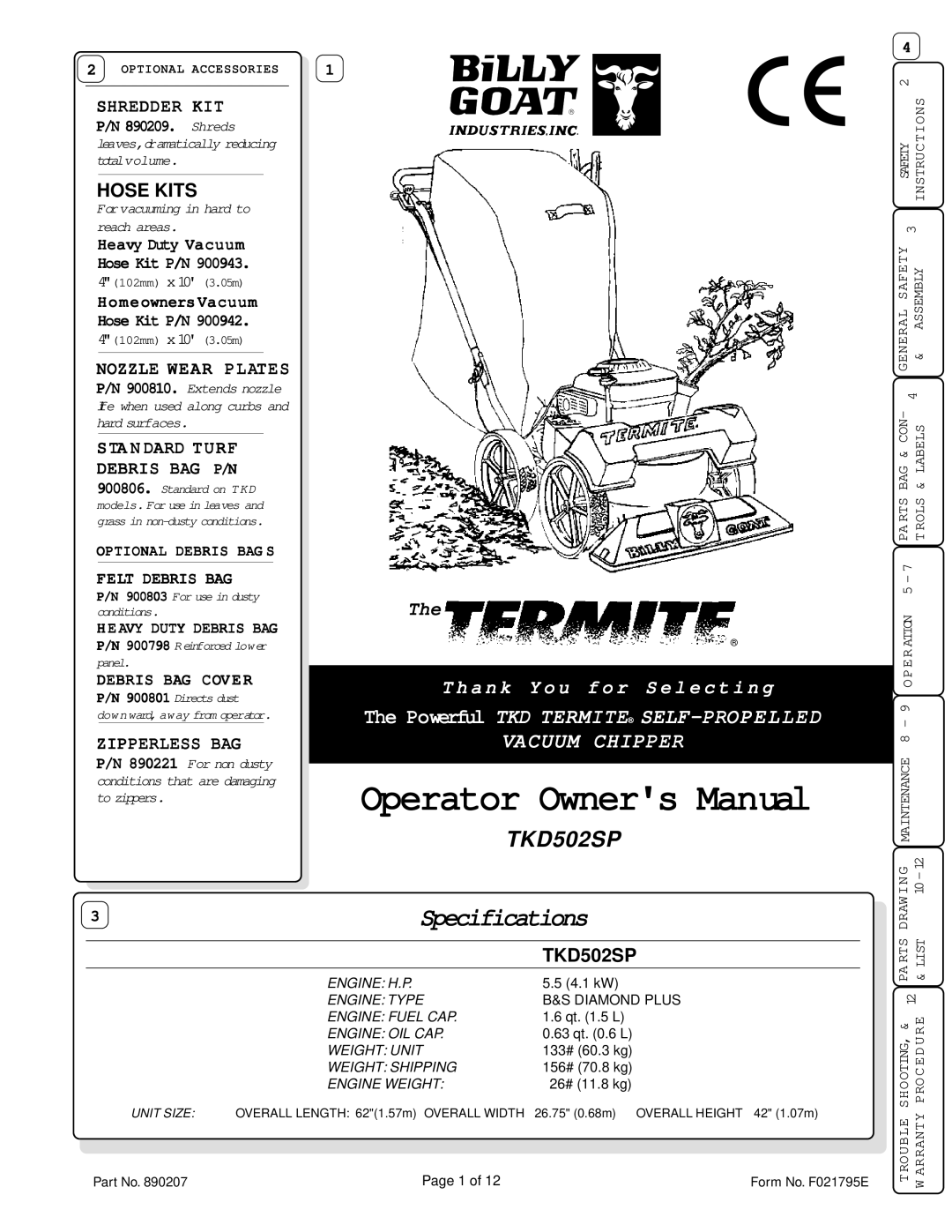 Billy Goat TKD502SP specifications Specifications 