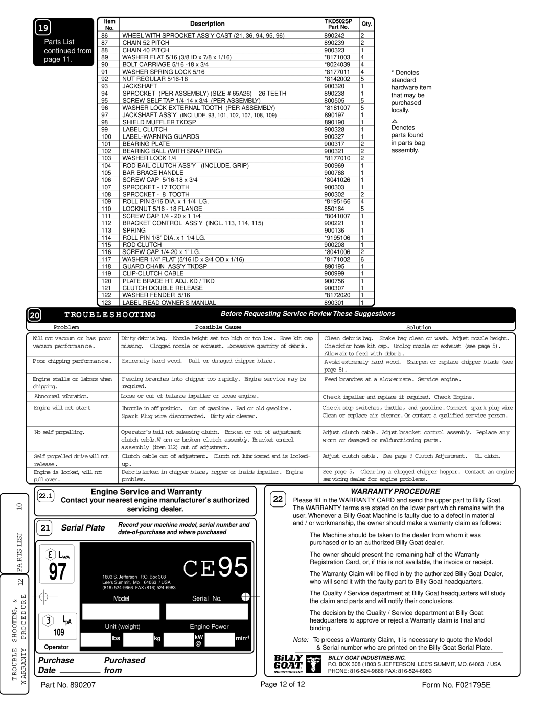 Billy Goat TKD502SP specifications CE95 