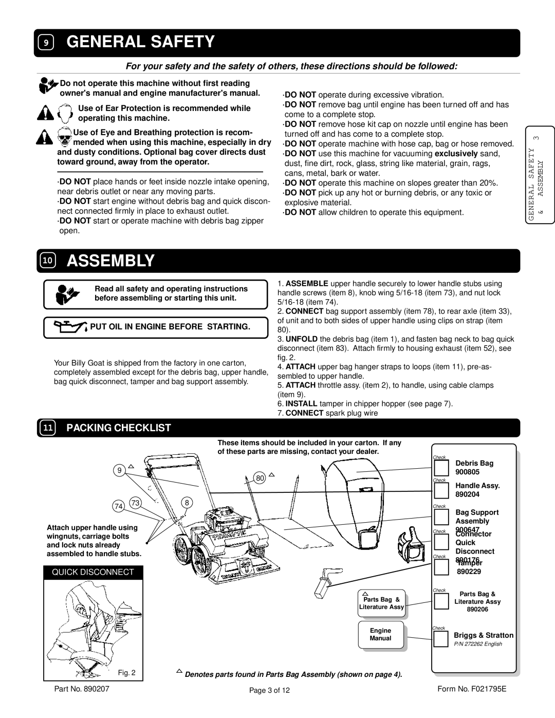 Billy Goat TKD502SP specifications Packing Checklist, PUT OIL in Engine Before Starting 