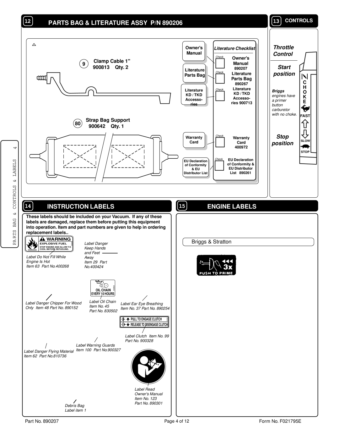 Billy Goat TKD502SP specifications Parts BAG & Literature Assy P/N, Engine Labels 