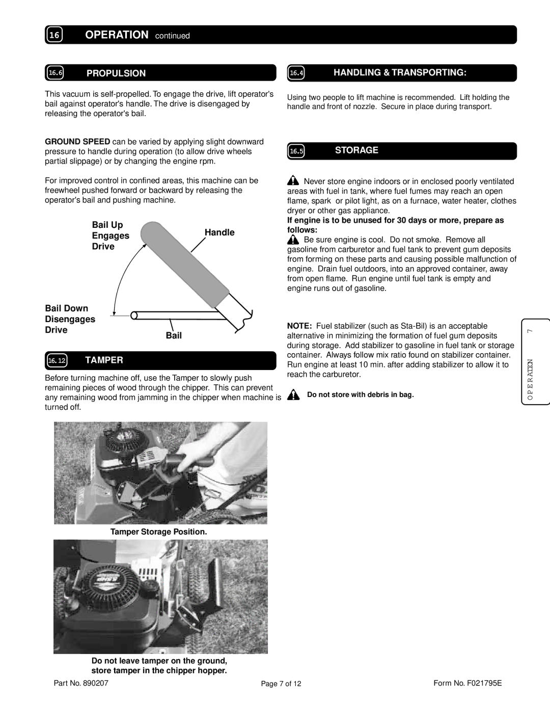 Billy Goat TKD502SP specifications Propulsion, Handling & Transporting, Storage, Tamper 