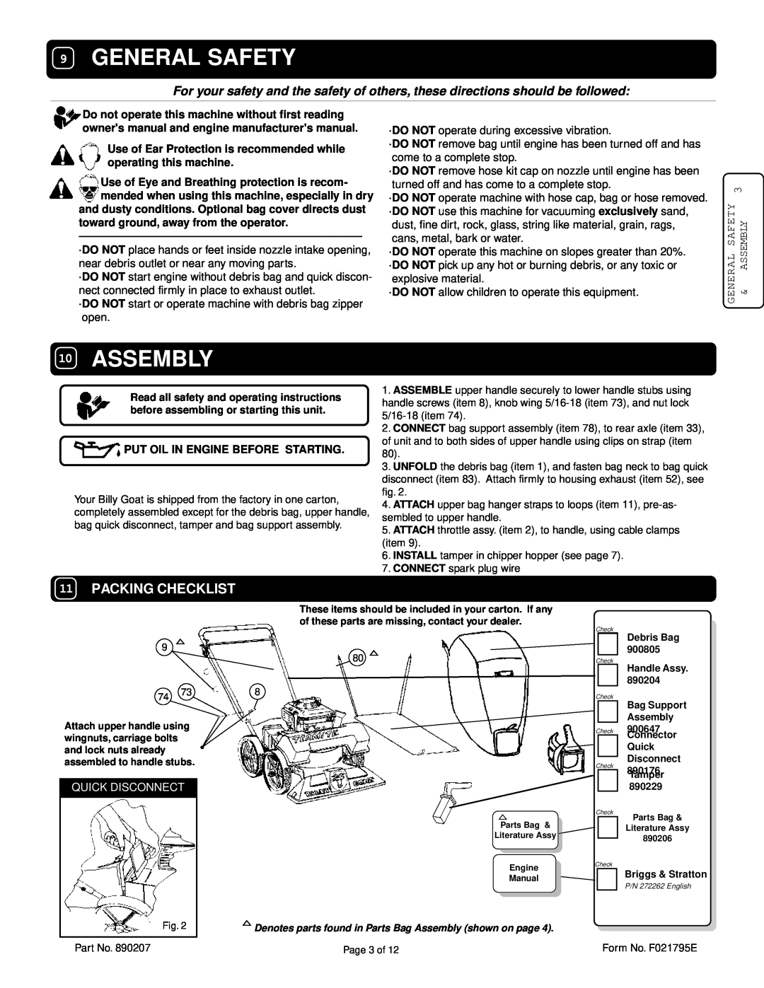 Billy Goat TKD502SP Packing Checklist, General Safety, Assembly, Put Oil In Engine Before Starting, Quick Disconnect 