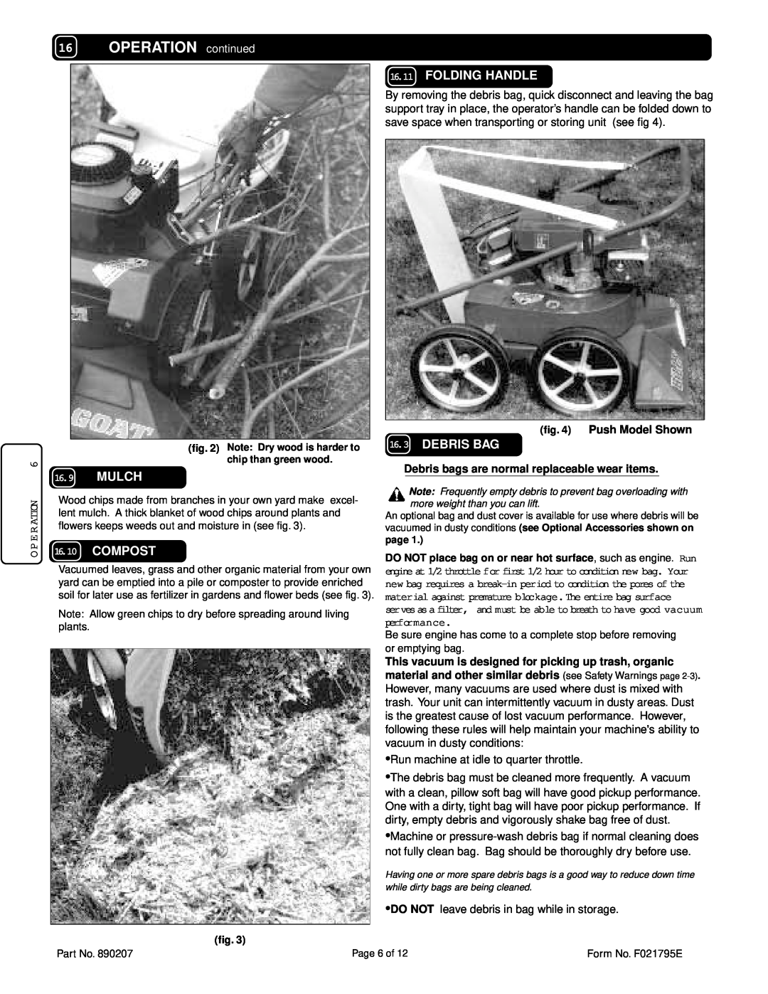 Billy Goat TKD502SP specifications OPERATION continued, Mulch, Folding Handle, Debris Bag, Compost, Push Model Shown 