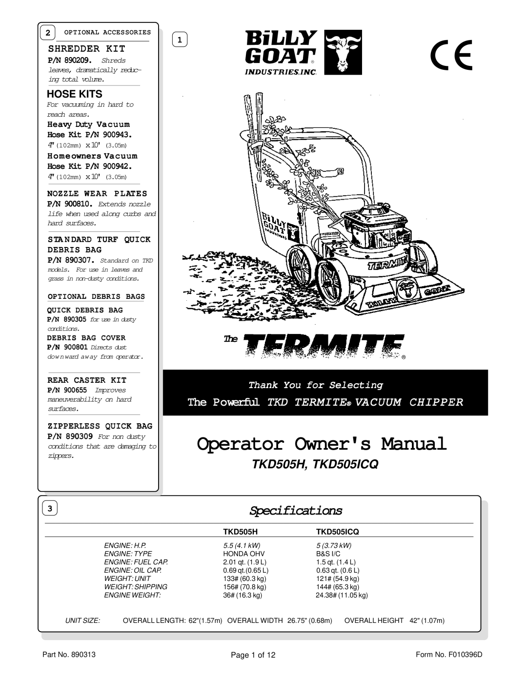 Billy Goat TKD505H, TKD505ICQ specifications Specifications 