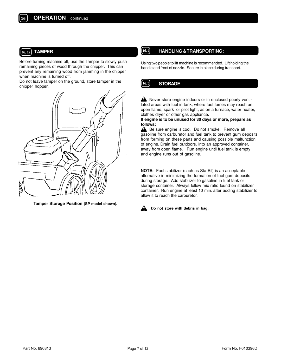 Billy Goat TKD505H, TKD505ICQ specifications Tamper, Handling &TRANSPORTING 