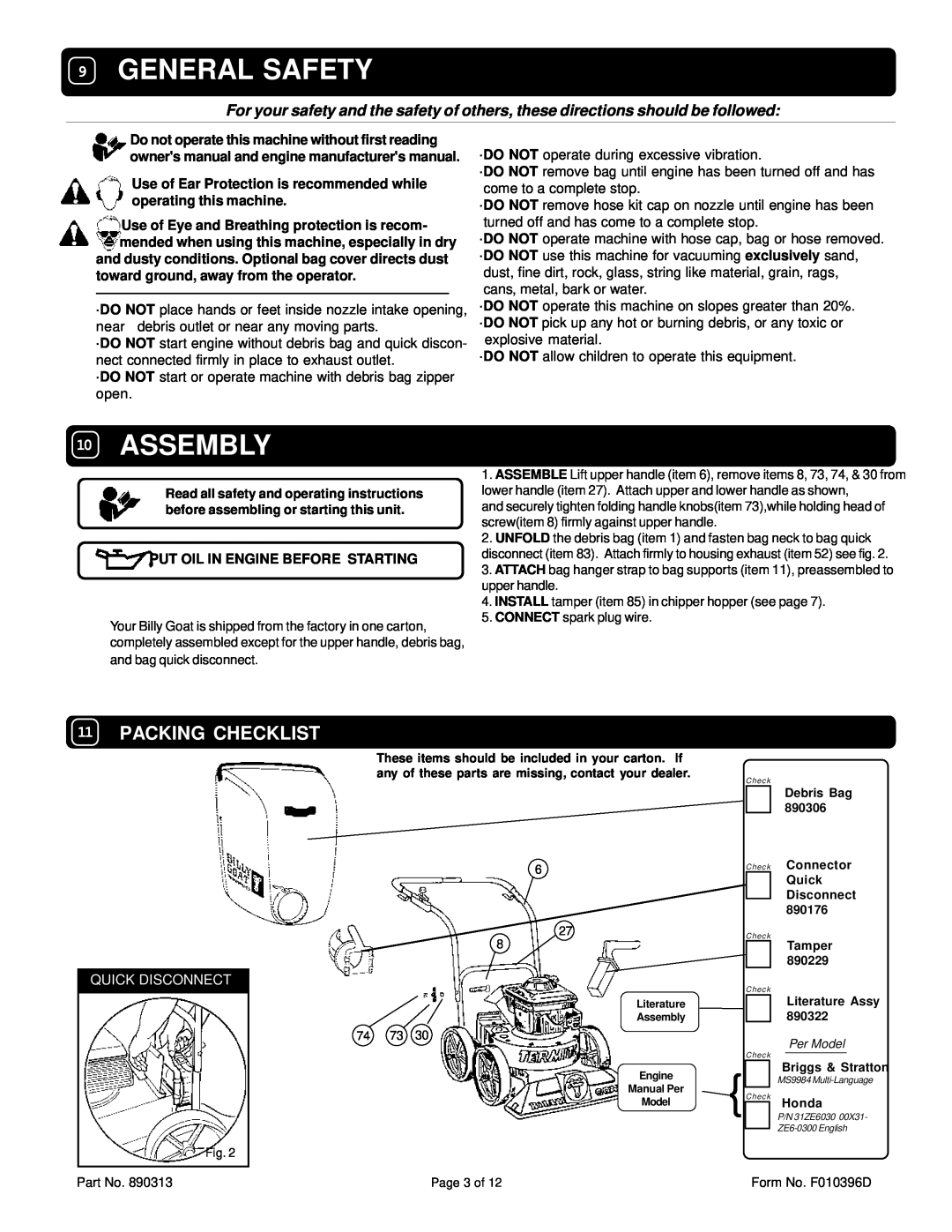 Billy Goat TKD505H, TKD505ICQ specifications Packing Checklist, General Safety, Assembly, Put Oil In Engine Before Starting 