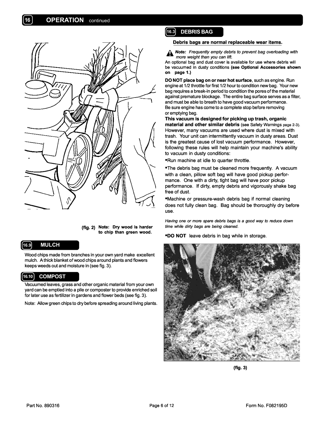 Billy Goat TKD505SPT specifications OPERATION continued, Debris Bag, Mulch, Compost 