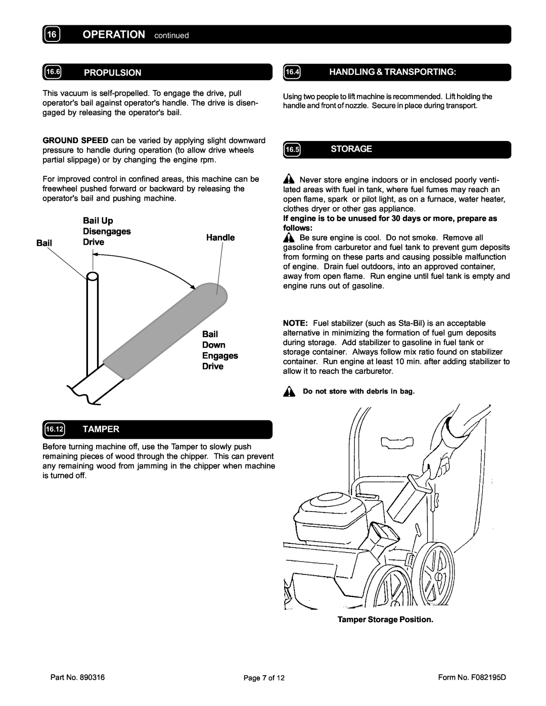 Billy Goat TKD505SPT specifications Propulsion, Handling & Transporting, Storage, Tamper, OPERATION continued 