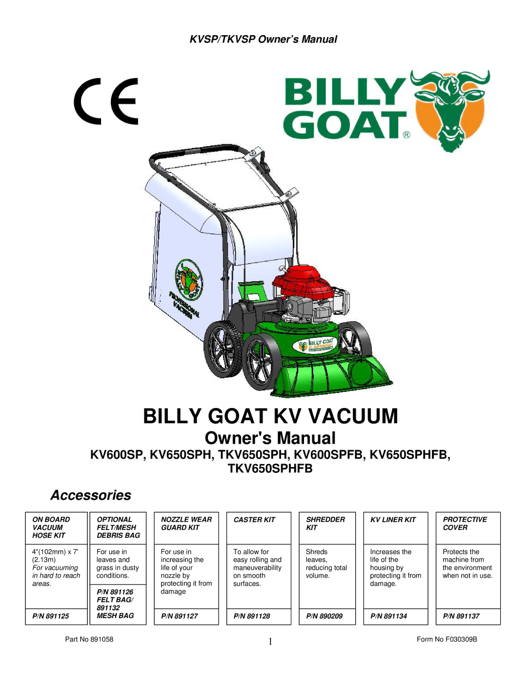 Billy Goat KV600SPFB, TKV650SPHFB owner manual Billy Goat KV Vacuum 