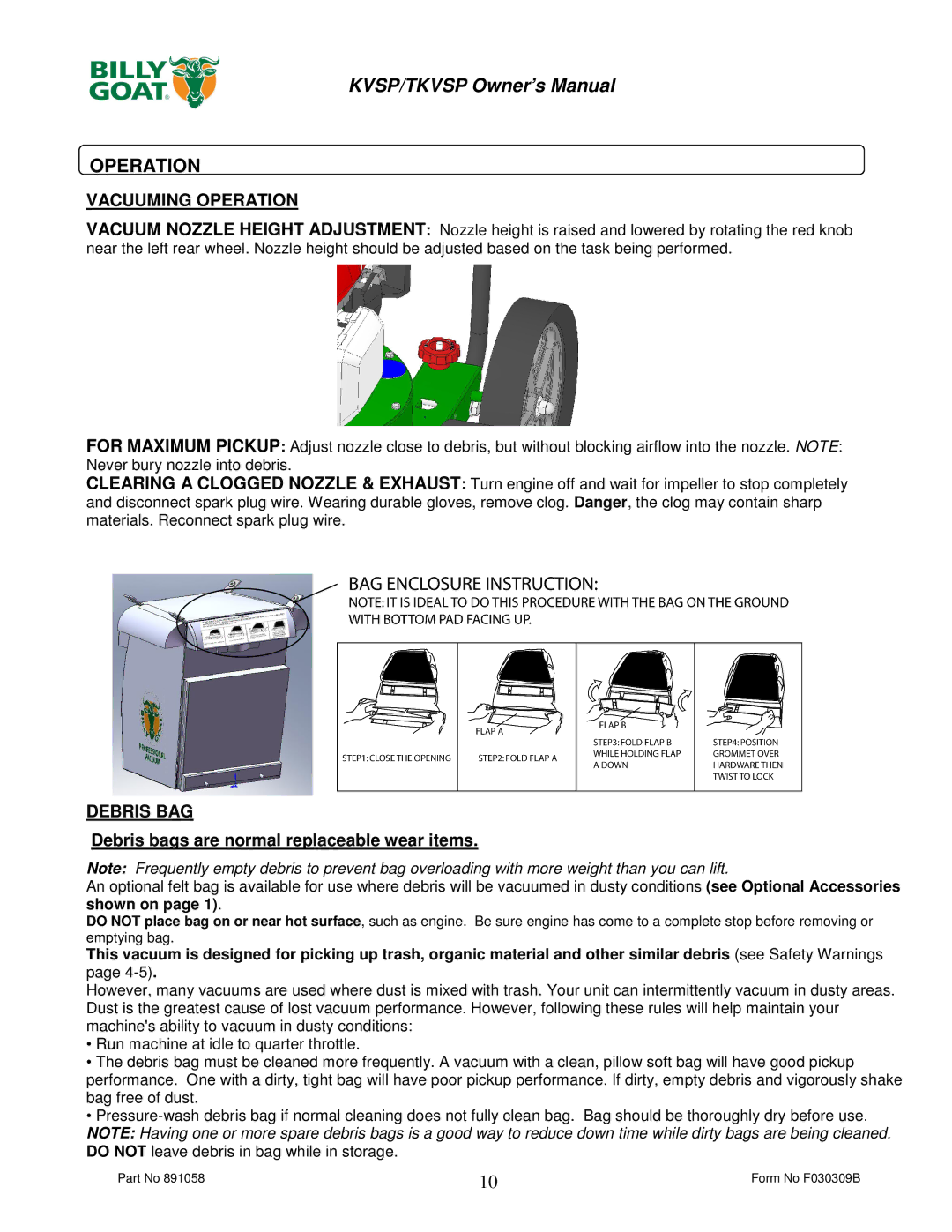 Billy Goat KV600SPFB, TKV650SPHFB owner manual Vacuuming Operation, Debris BAG 