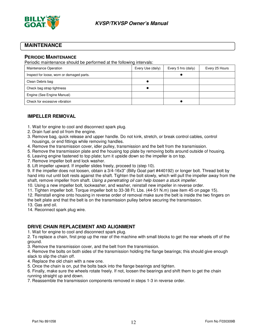 Billy Goat TKV650SPHFB, KV600SPFB owner manual Maintenance, Impeller Removal, Drive Chain Replacement and Alignment 