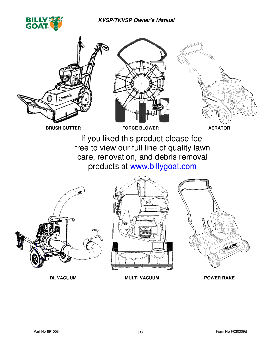 Billy Goat KV600SPFB, TKV650SPHFB owner manual Form No F030309B 