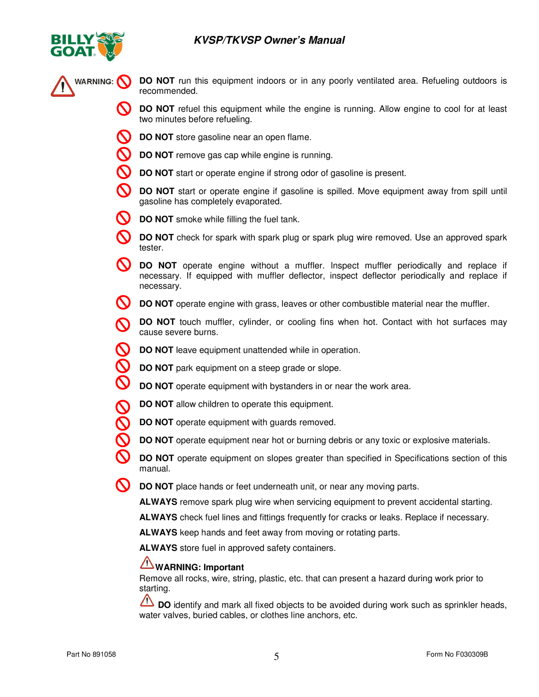 Billy Goat TKV650SPHFB, KV600SPFB owner manual Form No F030309B 