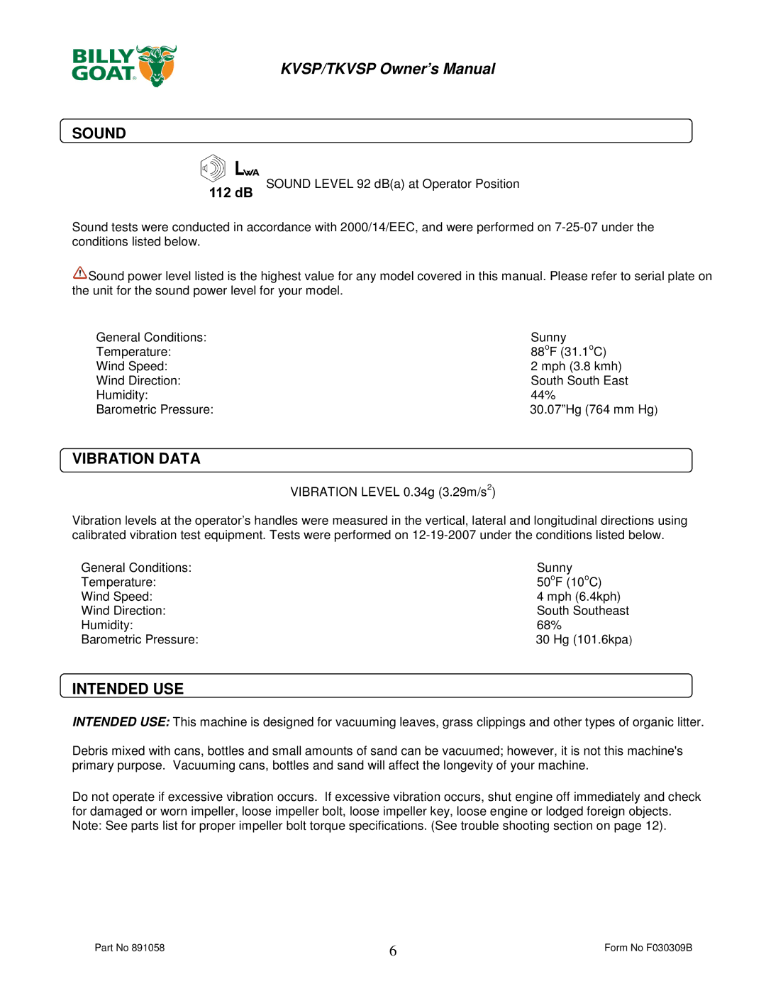 Billy Goat TKV650SPHFB, KV600SPFB owner manual Sound, Vibration Data, Intended USE 