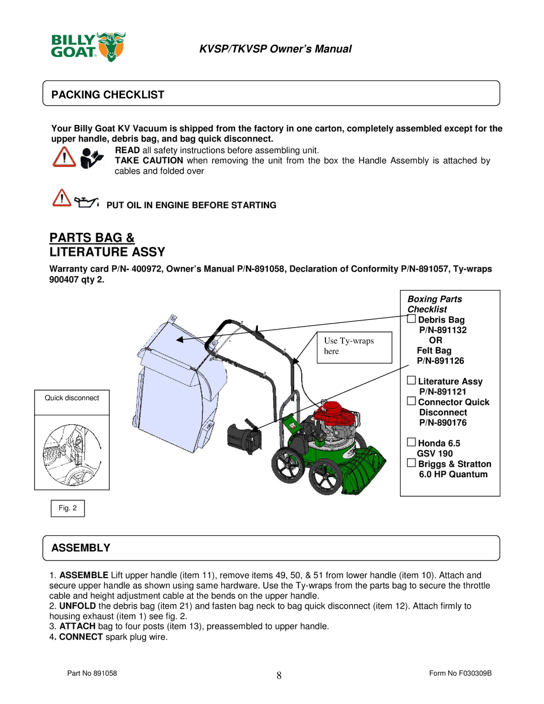 Billy Goat TKV650SPHFB, KV600SPFB owner manual Packing Checklist, Assembly 