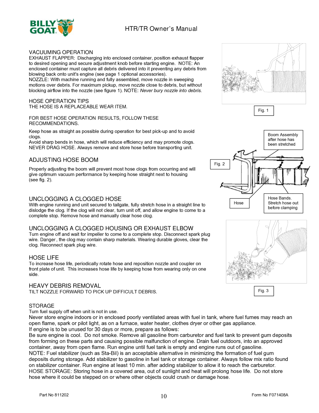 Billy Goat TR1204L owner manual Vacuuming Operation, Hose Operation Tips, Storage 