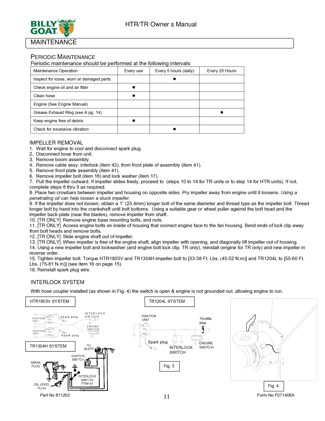 Billy Goat TR1204L owner manual Periodic Maintenance, Impeller Removal, Interlock System 