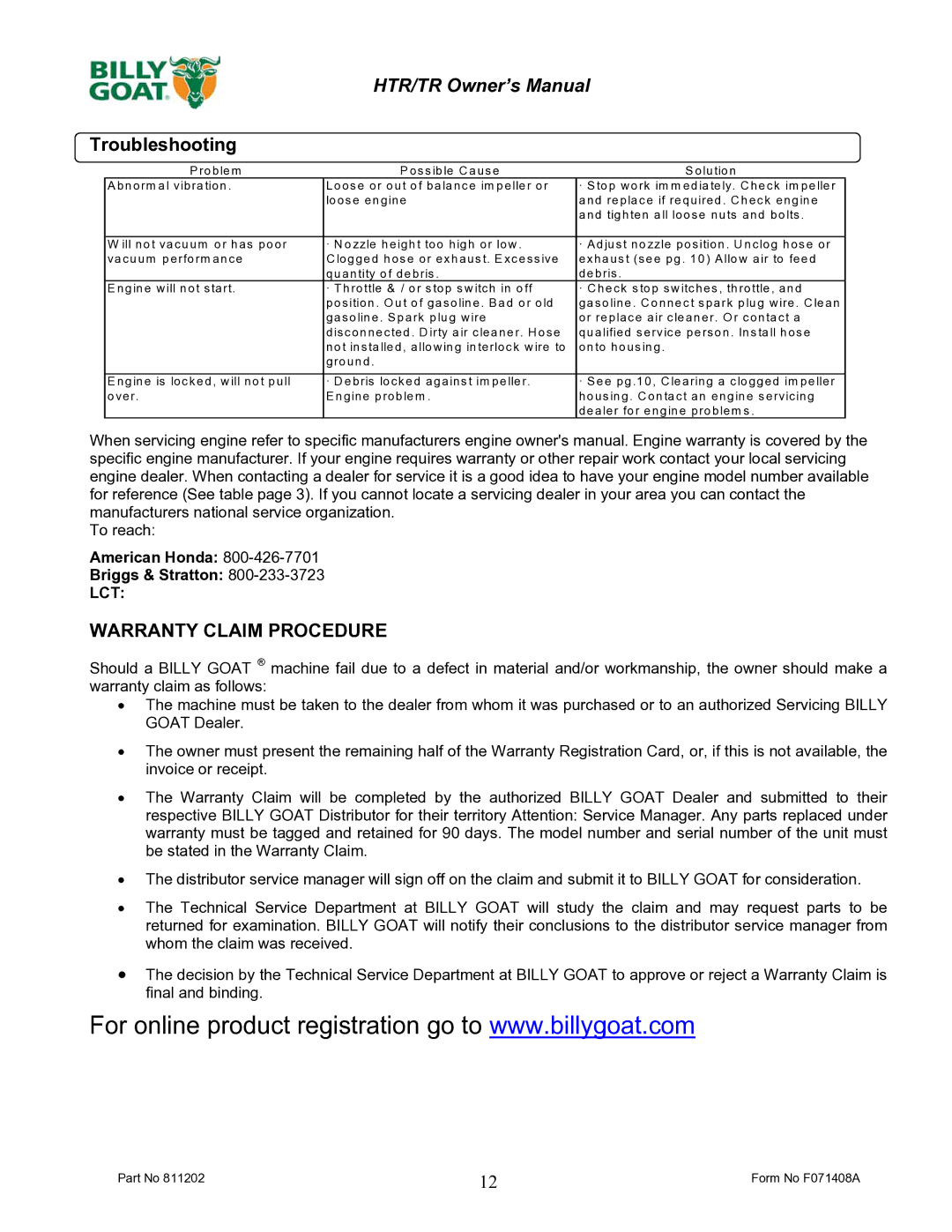 Billy Goat TR1204L owner manual Warranty Claim Procedure, Lct 