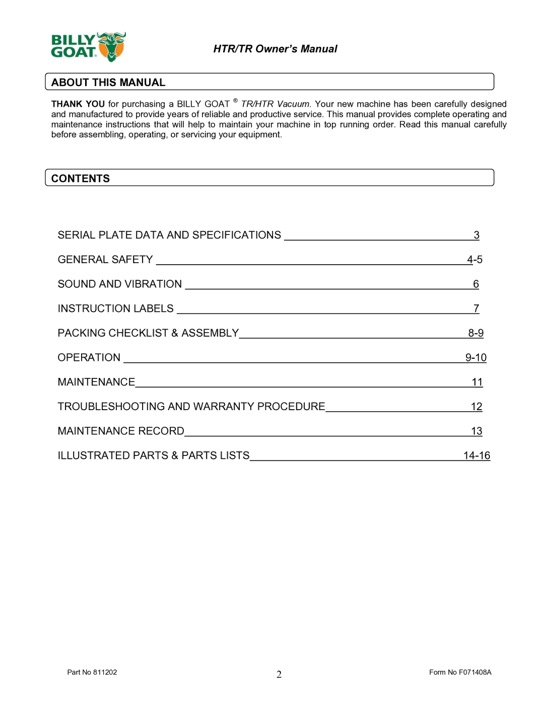 Billy Goat TR1204L owner manual About this Manual, Contents 