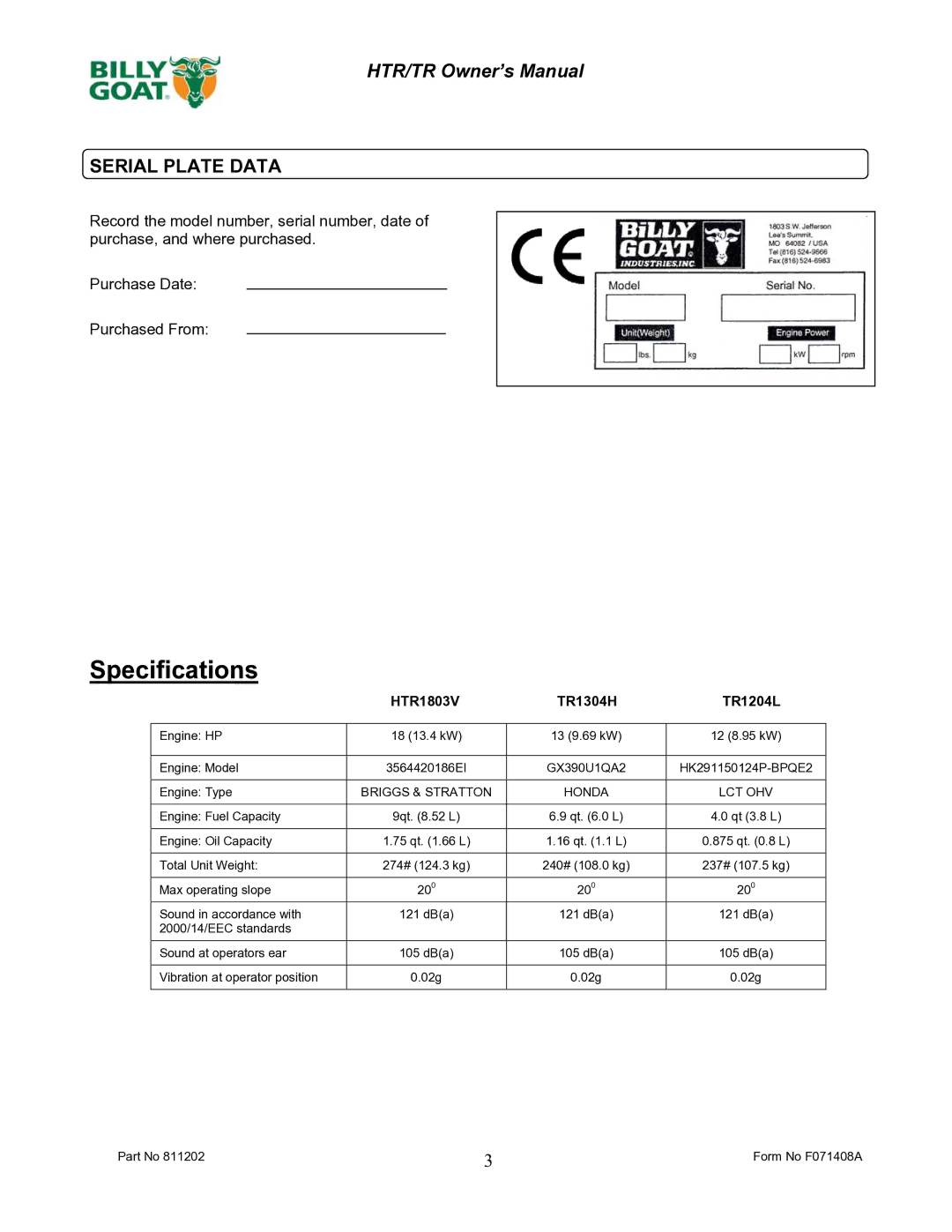 Billy Goat TR1204L owner manual Specifications, Serial Plate Data 