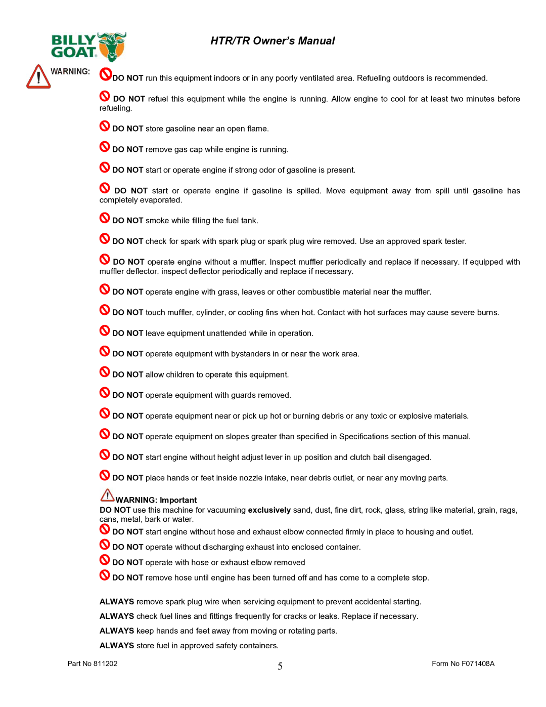 Billy Goat TR1204L owner manual Form No F071408A 