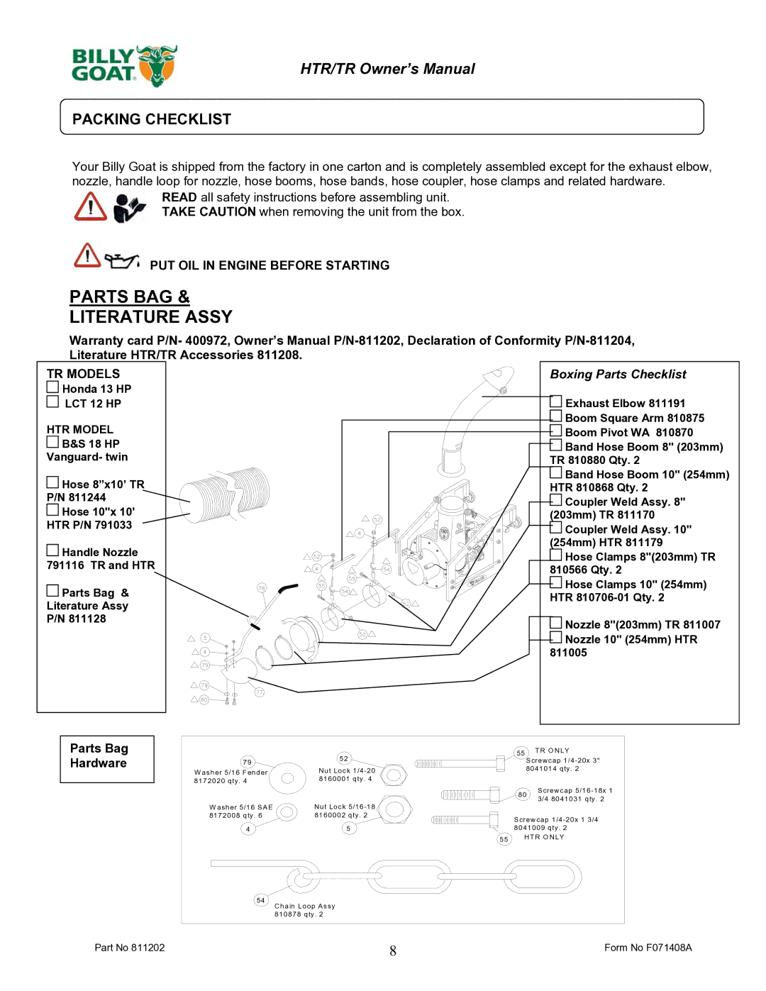 Billy Goat TR1204L owner manual Packing Checklist, PUT OIL in Engine Before Starting, TR Models 