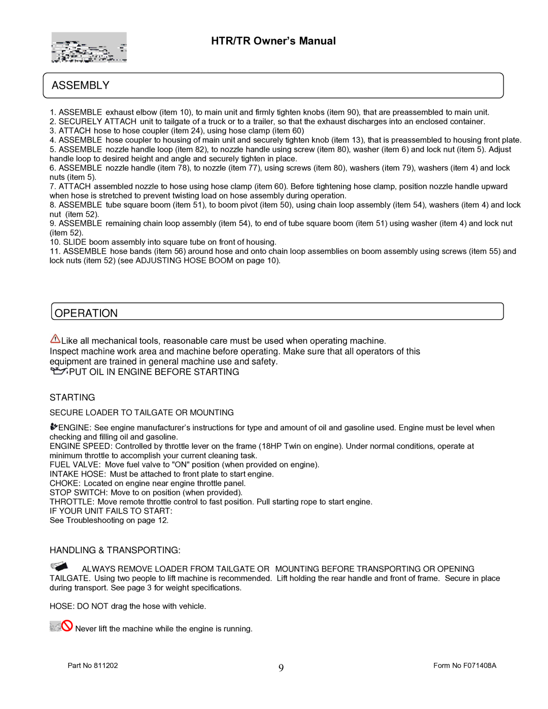 Billy Goat TR1204L owner manual Assembly, Operation, Handling & Transporting 