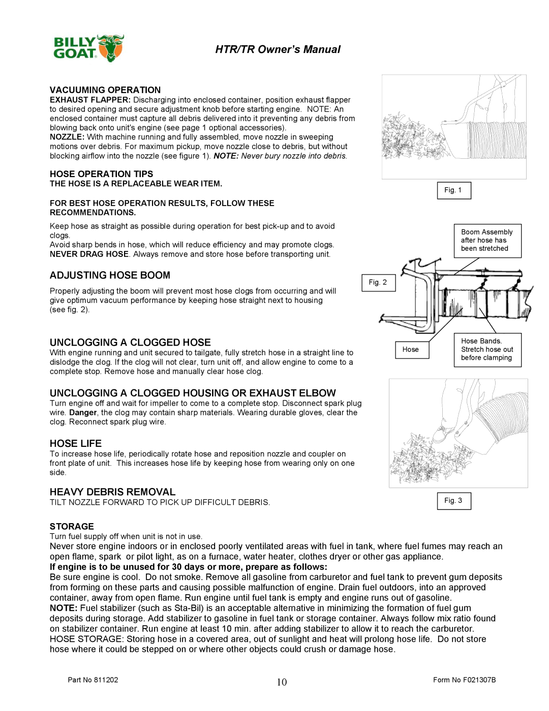 Billy Goat TR1304H, TR1104 owner manual Vacuuming Operation, Hose Operation Tips, Storage 