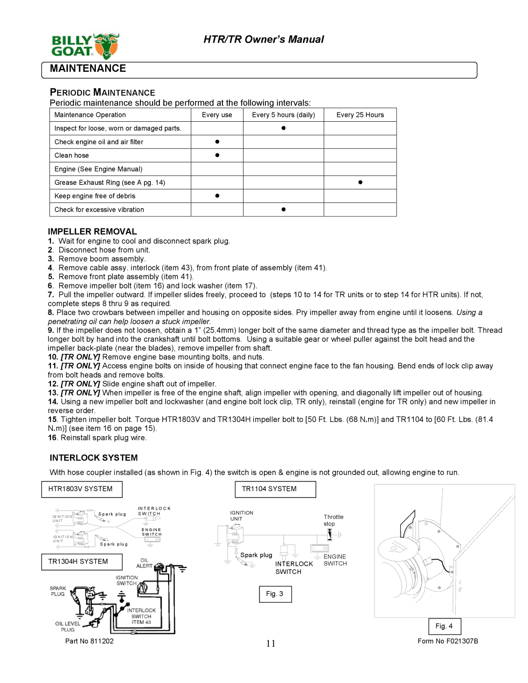 Billy Goat TR1104, TR1304H owner manual Periodic Maintenance, Impeller Removal, Interlock System 