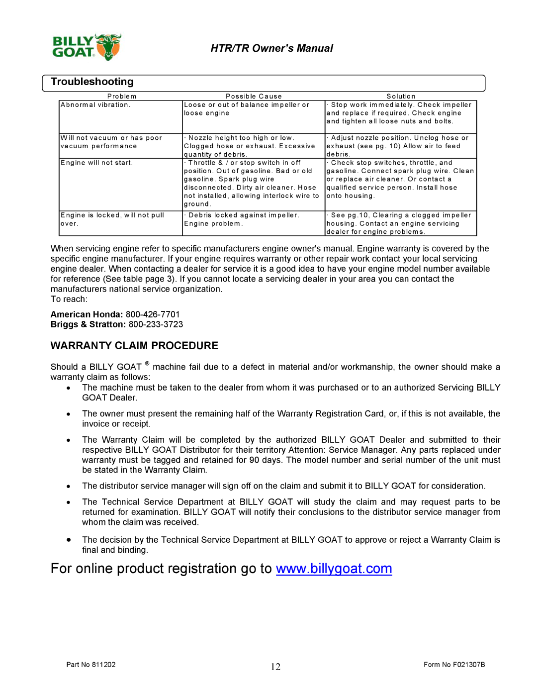 Billy Goat TR1304H, TR1104 owner manual Troubleshooting, Warranty Claim Procedure 